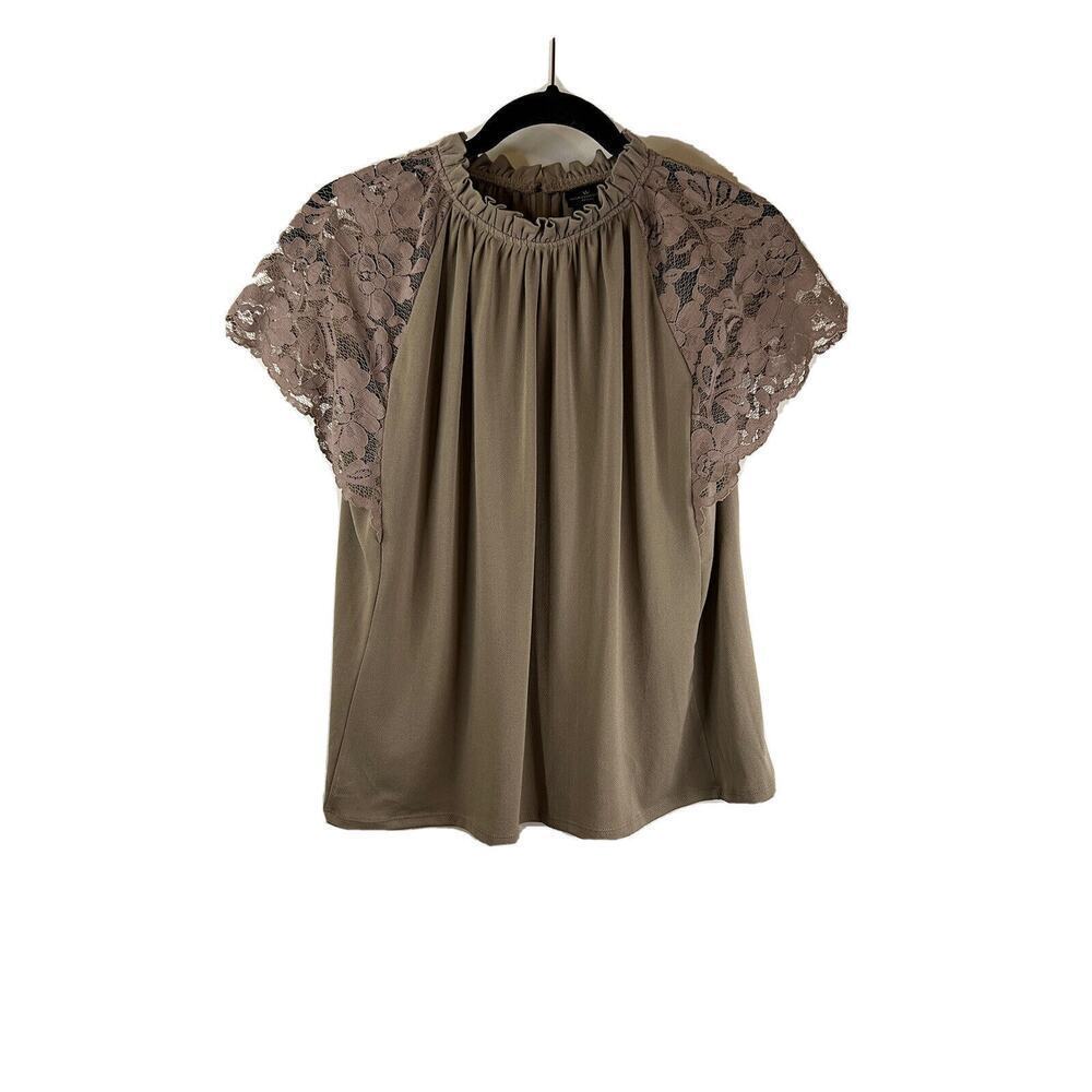 Worthington Taupe Lace Sleeve High Neck Blouse Womens  Size PL